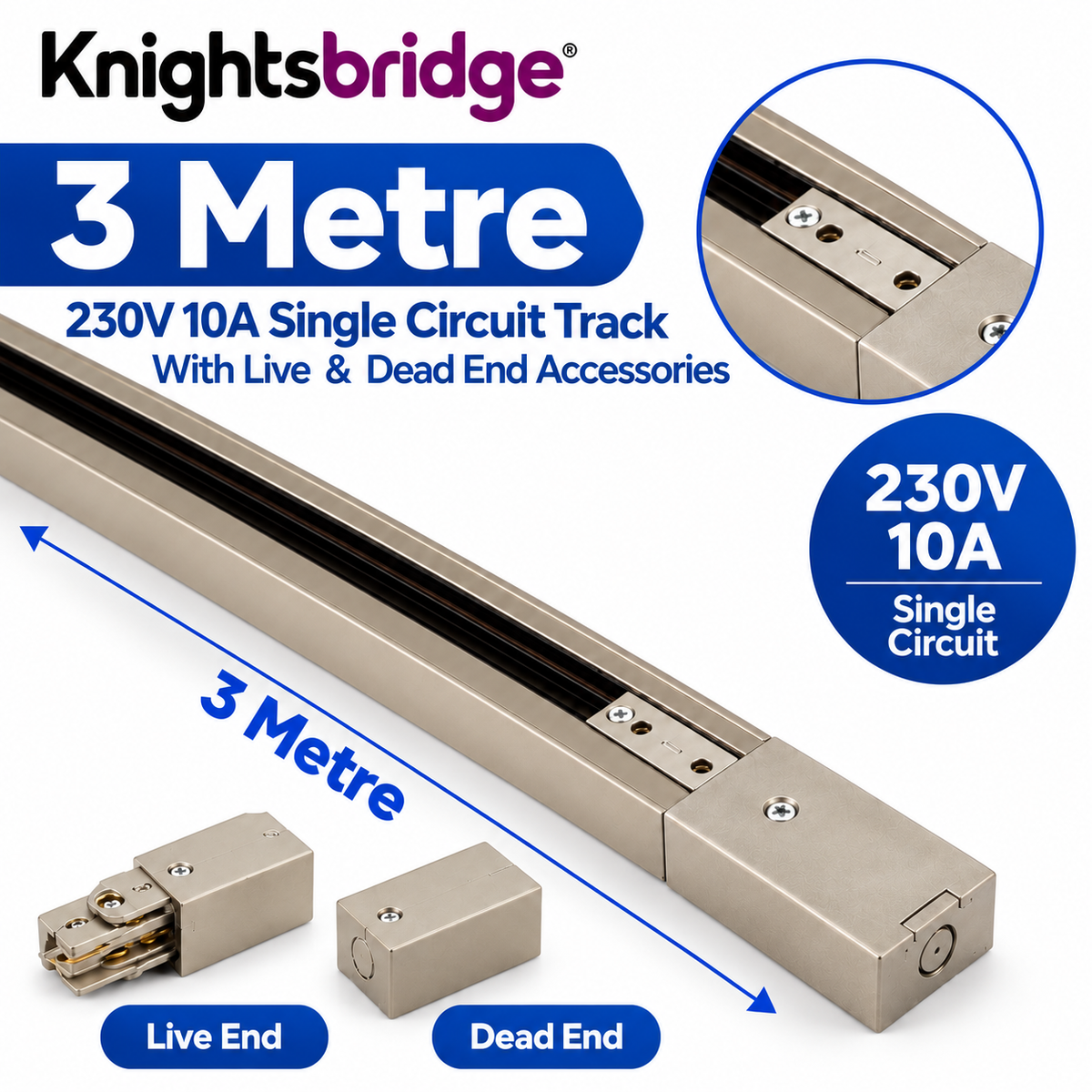 Knightsbridge 230V 10A Single Circuit Track Lighting Rail Black – 1M - 3Meter