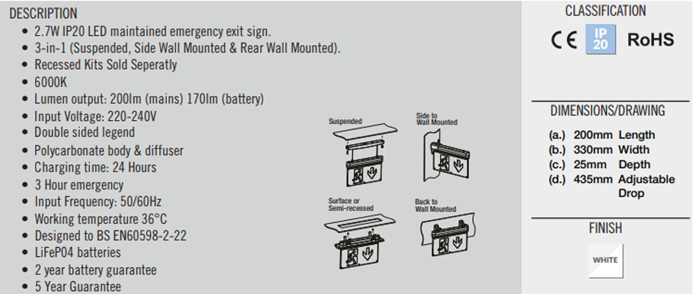 3W 3-in-1 LED Emergency Exit Sign Light Hanging Rear Side Mounted 3hr Maintained Non Maintained