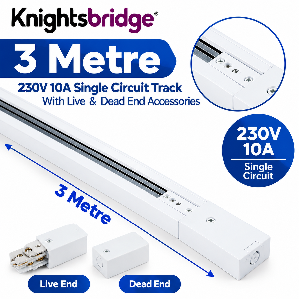 Knightsbridge 230V 10A Single Circuit Track Lighting Rail Black – 1M - 3Meter