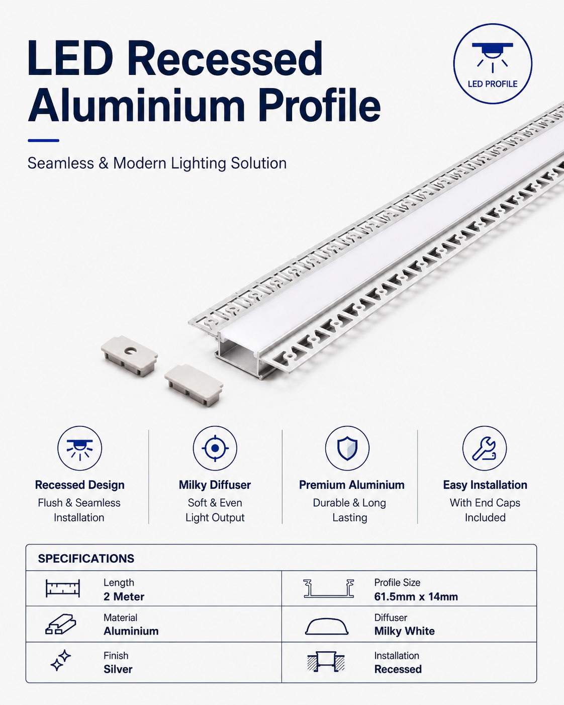 Silver Recessed Aluminium LED Strip Profile with Milky Diffuser – 2M Lengths | 2M–100M Kits