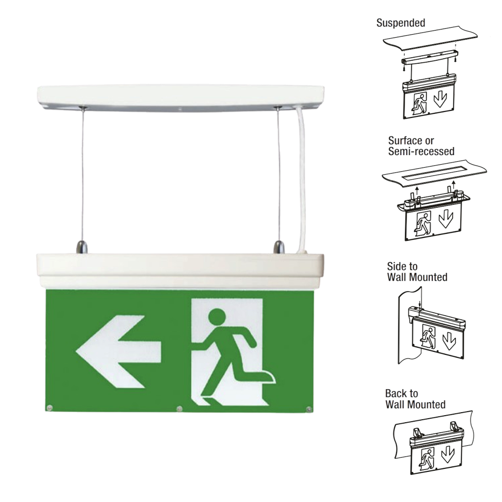 3W 3-in-1 LED Emergency Exit Sign Light Hanging Rear Side Mounted 3hr Maintained Non Maintained