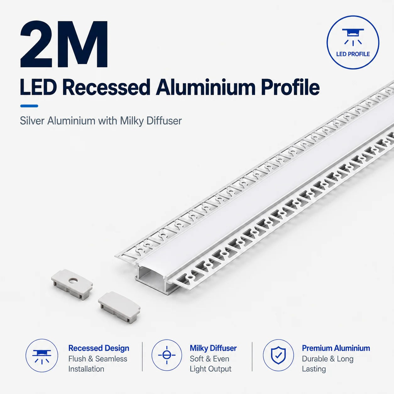Silver Recessed Aluminium LED Strip Profile with Milky Diffuser – 2M Lengths | 2M–100M Kits