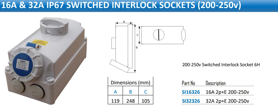 ESR IP67 Industrial Switched Interlock Socket Blue 2 Pin + Earth 16A