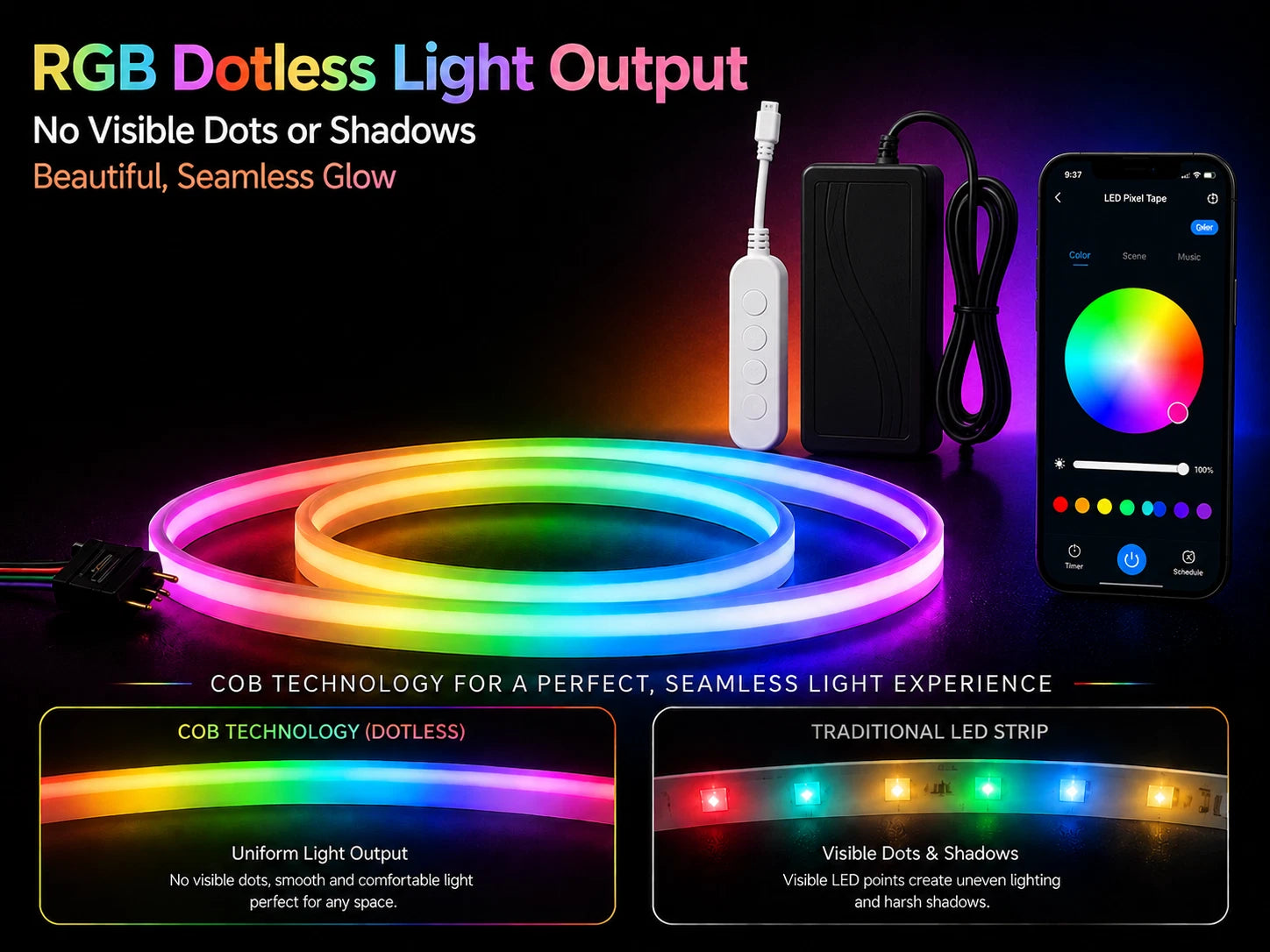5M RGBIC COB LED Strip Light Kit 24V Smart App Control Colour Chasing Pixel Tape 420 LEDs/m for Gaming Bedroom TV Backlight Home Decor