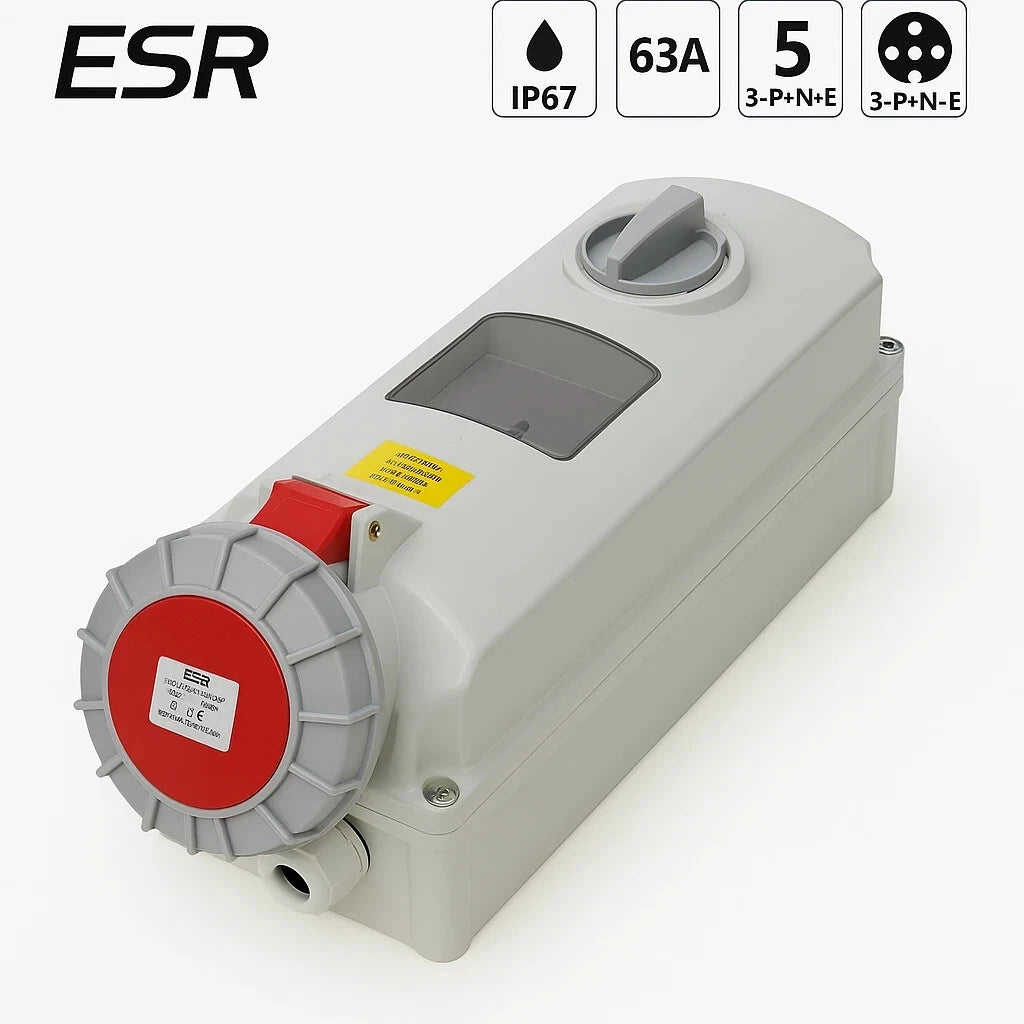 ESR IP67 63A 5P 415V Industrial Switched Interlock Socket 3 Pin+N+Earth 3P+N+E