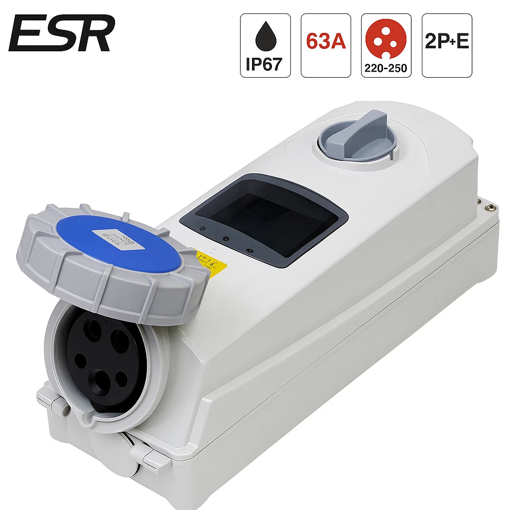 ESR IP67 63A 2 Pin + Earth Industrial Switched Interlock Socket 200V - 250V