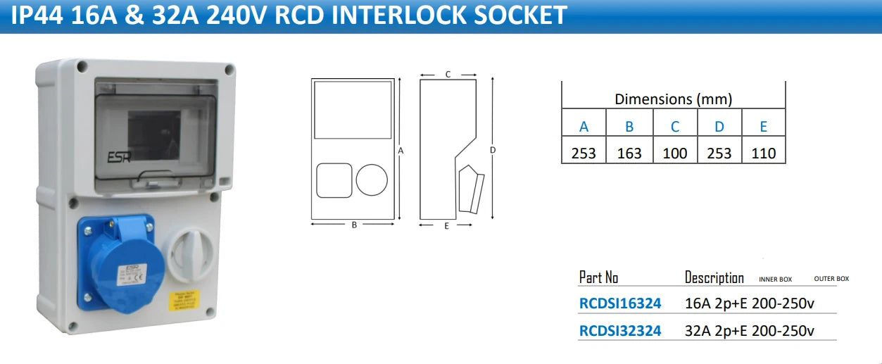 ESR Switched RCD Interlock Socket IP44 32A 2P+E 3 Pin 200V - 250V Single Phase