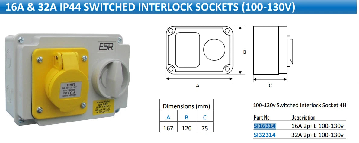 ESR IP44 Yellow Industrial Switched Interlocked Socket 110V 16A 2P + E SI16314