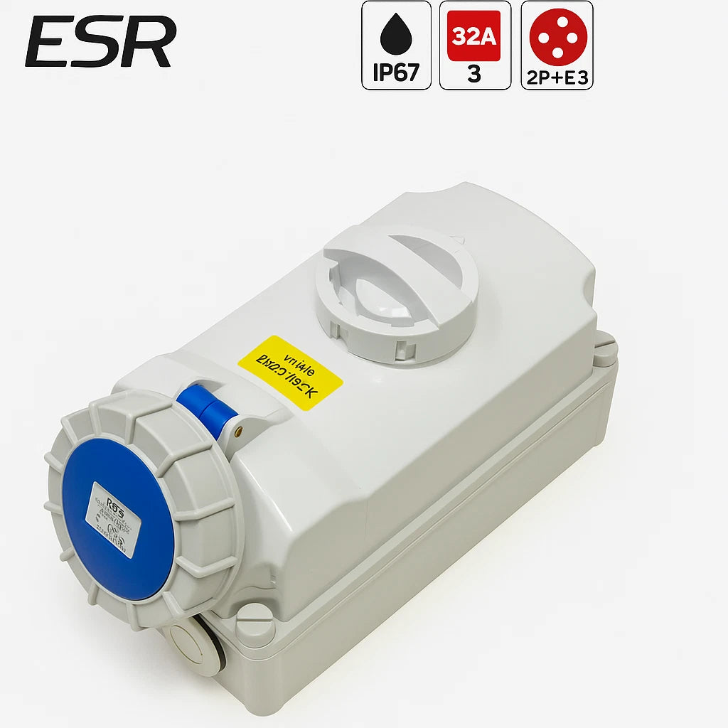 ESR IP67 Industrial Switched Interlock Socket Blue 2 Pin + Earth 16A