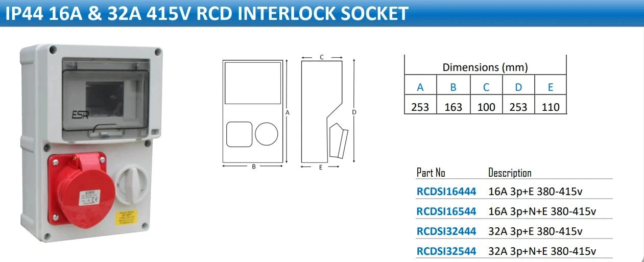 ESR Switched RCD Interlock Socket IP44 32A 4 Pin 380V - 415V 3P+N+E Switch 3ph