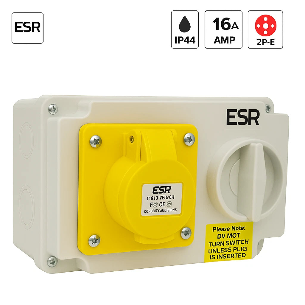 ESR IP44 Yellow Industrial Switched Interlocked Socket 110V 16A 2P + E SI16314