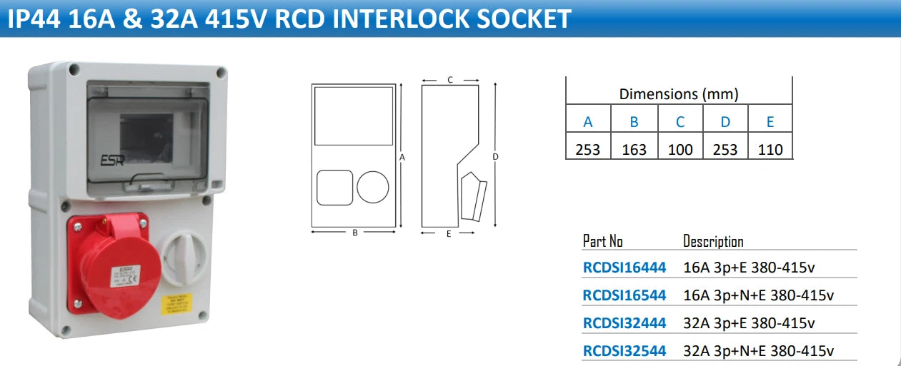 16A Switched Interlock Socket 6H c/w 6 Mod RCD Protected 380-415V 3 Phase 3P+N+E