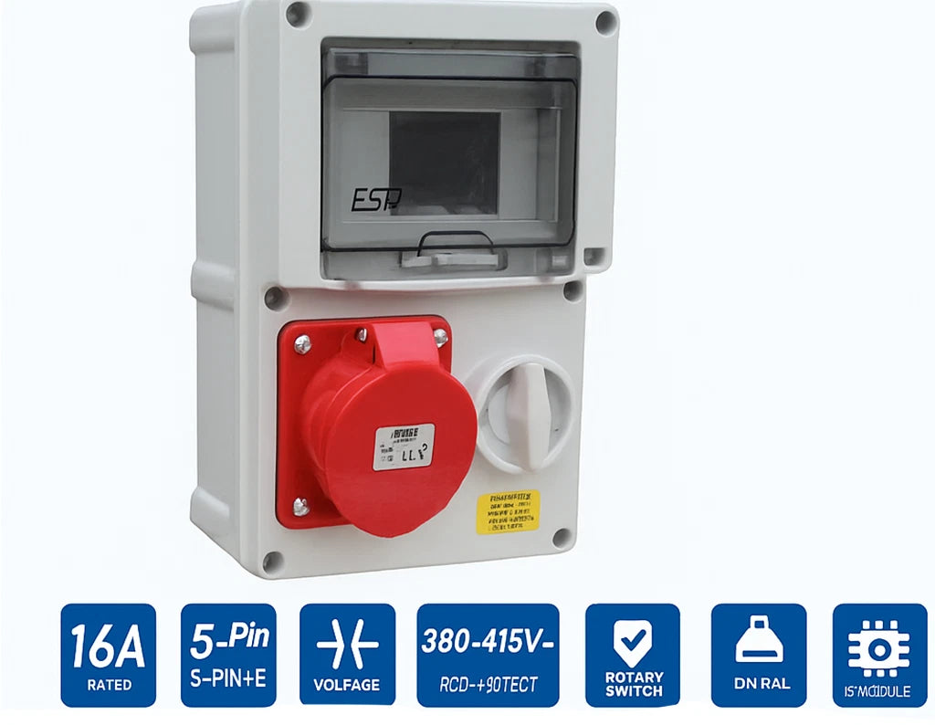 16A Switched Interlock Socket 6H c/w 6 Mod RCD Protected 380-415V 3 Phase 3P+N+E