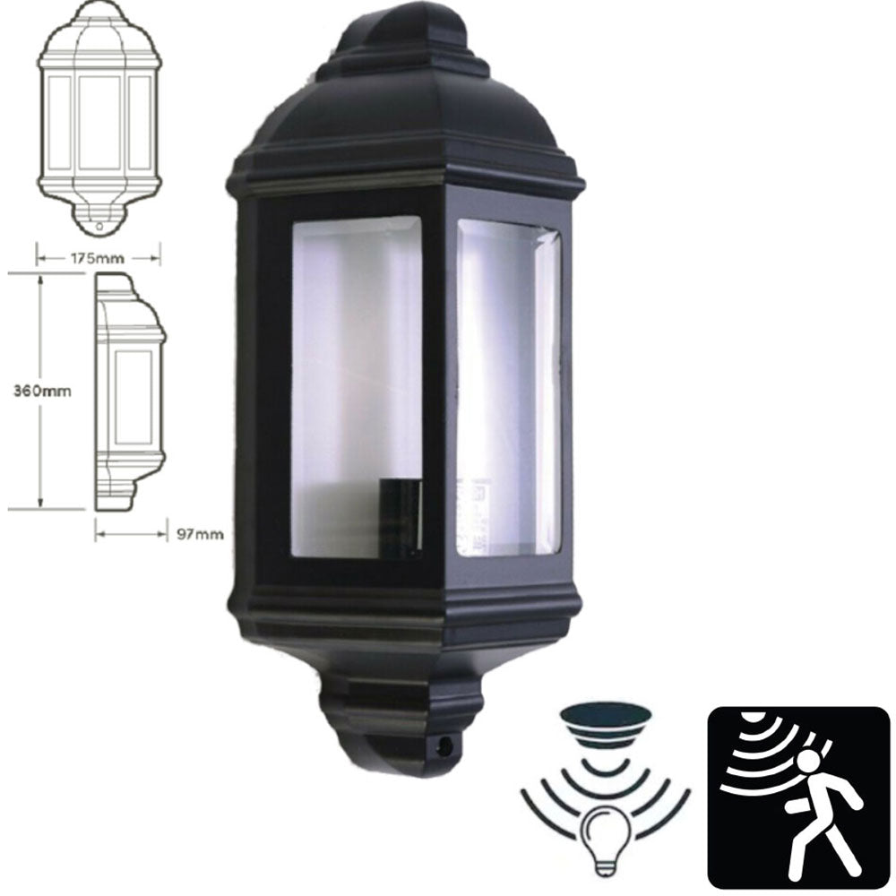 Half Lantern Wall Light Outdoor Clear Glass Segments PIR Motion Dusk Dawn Sensor