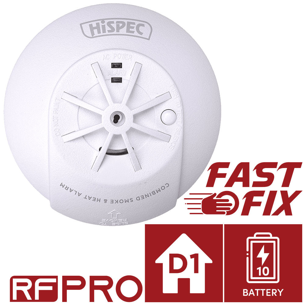 Hispec Combo Fast Fix Mains Interconnectable Heat & CO, Smoke & Heat Detector Alarm10yr Rechargeable Battery