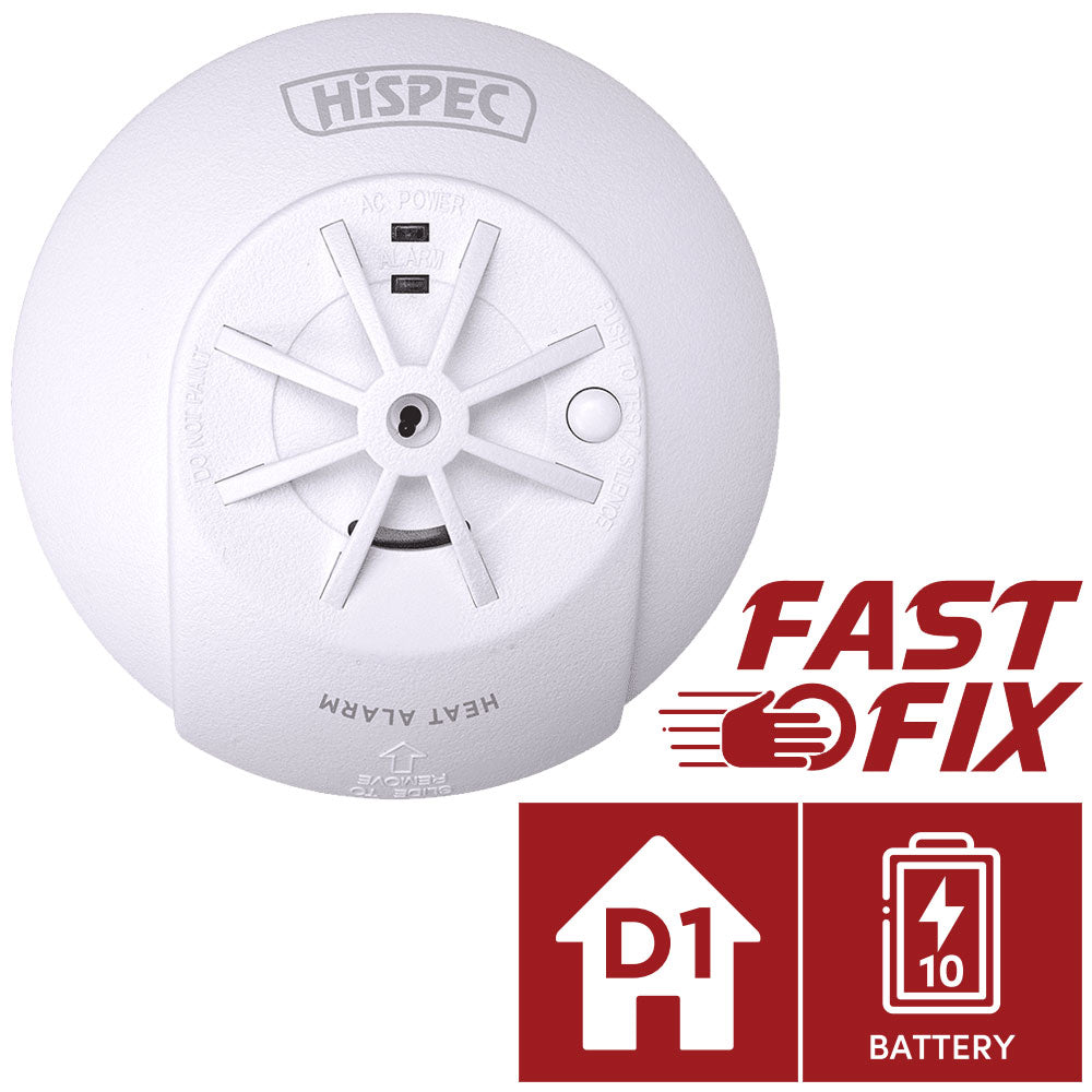 Hispec Interconnectable Fast Fix Mains Smoke, Heat, CO Detector Alarm 10yr Rechargeable Battery