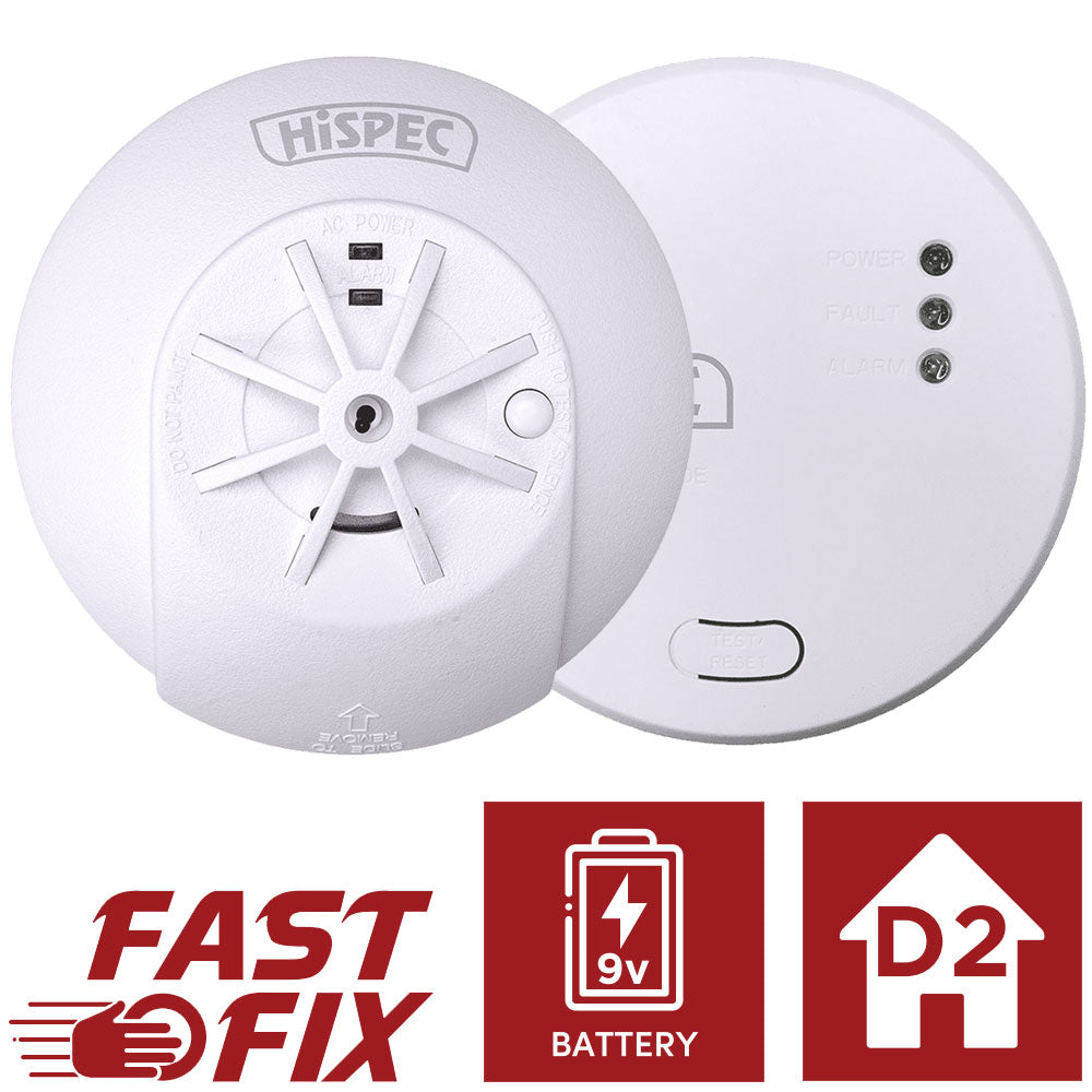 Hispec Interconnectable Fast Fix Mains Smoke, Heat & CO Detector Alarm 9v Battery Backup