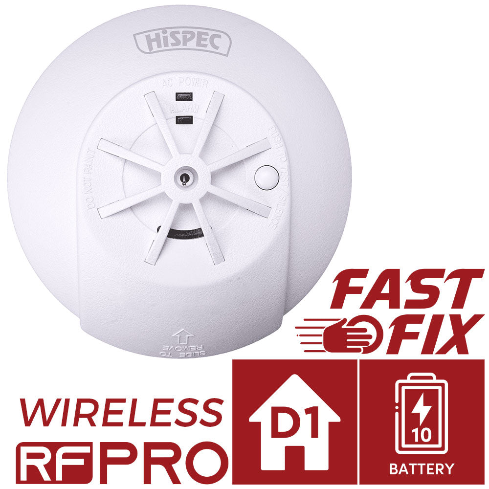 Hispec Wireless RF Combo Fast Fix Mains Heat & CO, Heat & Smoke Detector Alarm 10yr Battery