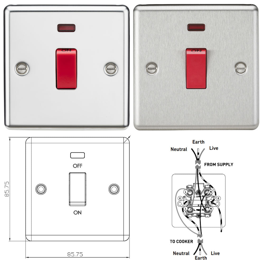 Knightsbridge 45A DP 1G Single Gang Shower Cooker Switch with Neon - Rounded Edge